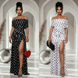 Elegant Polka Dot Print Mesh Off Shoulder Ruched Maxi Dress
