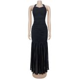 Elegant Solid Halter Low Back Split Bodycon Maxi Dress