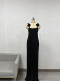 Solid Flower Strap Pleated Maxi Dress