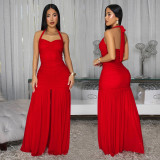 Elegant Solid Halter Low Back Split Bodycon Maxi Dress