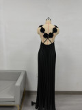 Solid Flower Strap Pleated Maxi Dress