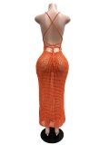 Sexy Knitting Crochet Halter Slit Hollow Out Beach Dress