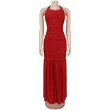 Elegant Solid Halter Low Back Split Bodycon Maxi Dress
