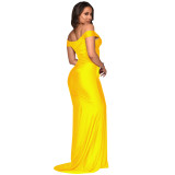 Yellow Sweetheart Short Sleeve Ruched Slit Maxi Dress