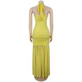 Elegant Solid Halter Low Back Split Bodycon Maxi Dress