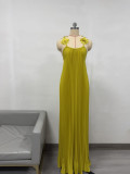 Solid Flower Strap Pleated Maxi Dress
