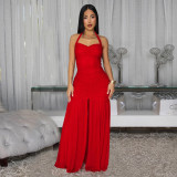 Elegant Solid Halter Low Back Split Bodycon Maxi Dress