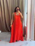 Solid Flower Strap Pleated Maxi Dress