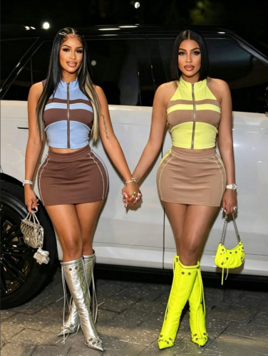 Contrast Color Sleeveless Zipper Top and Skirt Two Piece Set