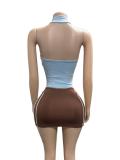 Contrast Color Sleeveless Zipper Top and Skirt Two Piece Set