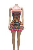 Retro Print Halter Drawstring Lace-up Dress