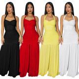 Elegant Solid Halter Low Back Split Bodycon Maxi Dress