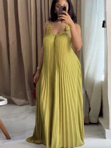 Solid Flower Strap Pleated Maxi Dress