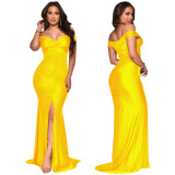 Yellow Sweetheart Short Sleeve Ruched Slit Maxi Dress