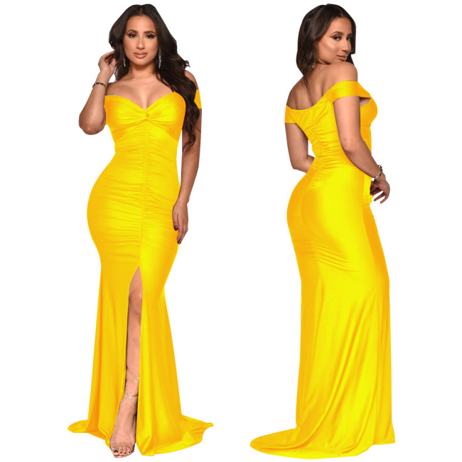 Yellow Sweetheart Short Sleeve Ruched Slit Maxi Dress
