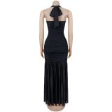 Elegant Solid Halter Low Back Split Bodycon Maxi Dress