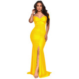 Yellow Sweetheart Short Sleeve Ruched Slit Maxi Dress