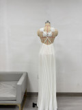 Solid Flower Strap Pleated Maxi Dress