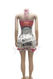 Retro Print Halter Drawstring Lace-up Dress