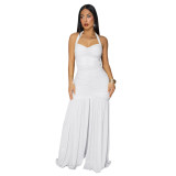 Elegant Solid Halter Low Back Split Bodycon Maxi Dress