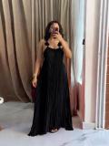 Solid Flower Strap Pleated Maxi Dress