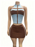 Contrast Color Sleeveless Zipper Top and Skirt Two Piece Set