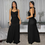 Elegant Solid Halter Low Back Split Bodycon Maxi Dress