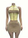 Contrast Color Sleeveless Zipper Top and Skirt Two Piece Set