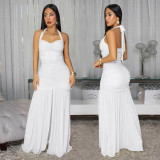 Elegant Solid Halter Low Back Split Bodycon Maxi Dress