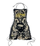 Retro Print Halter Drawstring Lace-up Dress
