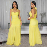 Elegant Solid Halter Low Back Split Bodycon Maxi Dress