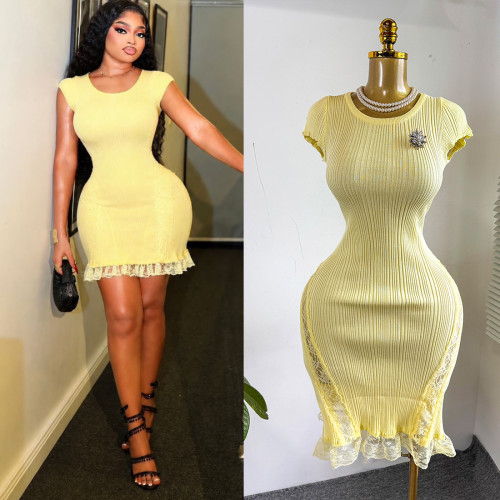 Sexy Round Neck Lace Patchwork Bodycon Dress (without Brooch）