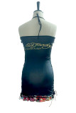 Retro Print Halter Drawstring Lace-up Dress