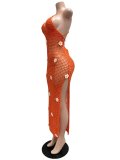 Sexy Knitting Crochet Halter Slit Hollow Out Beach Dress