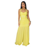 Elegant Solid Halter Low Back Split Bodycon Maxi Dress