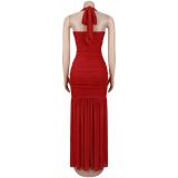 Elegant Solid Halter Low Back Split Bodycon Maxi Dress