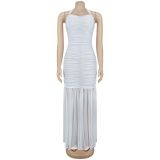 Elegant Solid Halter Low Back Split Bodycon Maxi Dress