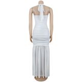 Elegant Solid Halter Low Back Split Bodycon Maxi Dress