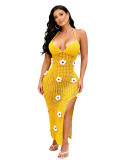 Sexy Knitting Crochet Halter Slit Hollow Out Beach Dress