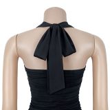 Elegant Solid Halter Low Back Split Bodycon Maxi Dress