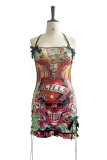 Retro Print Halter Drawstring Lace-up Dress