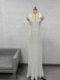 Solid Flower Strap Pleated Maxi Dress