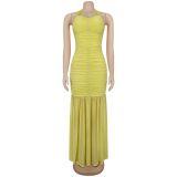 Elegant Solid Halter Low Back Split Bodycon Maxi Dress