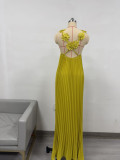 Solid Flower Strap Pleated Maxi Dress