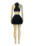 Turndown Collar Tank Crop Top and Pleated Skirt Two Piece Set