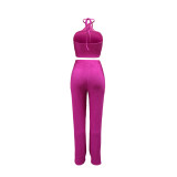 Solid Halter Crop Top Two Piece Pants Set