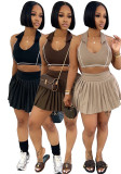 Turndown Collar Tank Crop Top and Pleated Skirt Two Piece Set