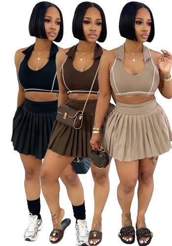 Turndown Collar Tank Crop Top and Pleated Skirt Two Piece Set