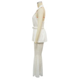 Halter Backless Sleeveless Blazer with Belt and Lace Flare Pants Two Piece Set