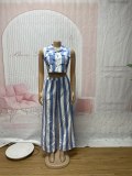 Striped Sleeveless Button Turndown Collar Shirt & High Waist Wide Leg Pants Two Piece Set